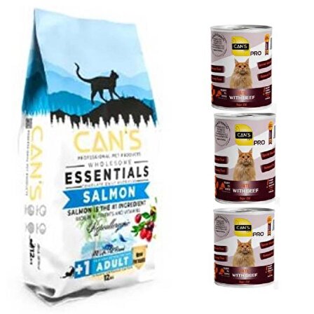 Cans Cat Adult Yetişkin Kedi Maması 12 Kg Somon Balıklı + 3 Adet Konserve