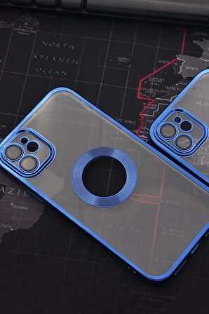 iPhone 11 Uyumlu Saks Mavi Renkli Kenarlı Lazerli Şeffaf Kılıf Lens Korumalı