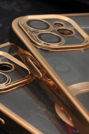 iPhone 11 Uyumlu Altın Sarı Gold Renkli Kenarlı Lazerli Şeffaf Kılıf Lens Korumalı