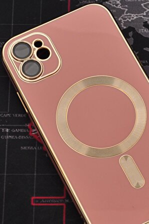iPhone 11 Uyumlu MagSafe Özellikli Pudra Pembe Renkli Lens Korumalı Kılıf 