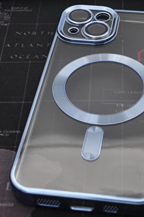 iPhone 13 Uyumlu MagSafe Özellikli Saks Mavi Renkli Kenarlı Lazerli Şeffaf Kılıf Lens Korumalı
