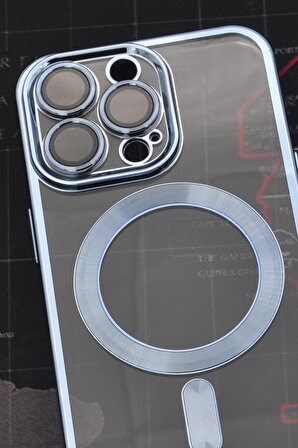 iPhone 13 Pro Uyumlu MagSafe Özellikli Saks Mavi Renkli Kenarlı Lazerli Şeffaf Kılıf Lens Korumalı