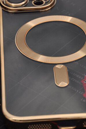 iPhone 13 Pro Max Uyumlu MagSafe Özellikli Altın Sarı Gold Renkli Kenarlı Lazerli Şeffaf Kılıf Lens Korumalı