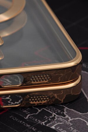 iPhone 13 Pro Max Uyumlu MagSafe Özellikli Altın Sarı Gold Renkli Kenarlı Lazerli Şeffaf Kılıf Lens Korumalı