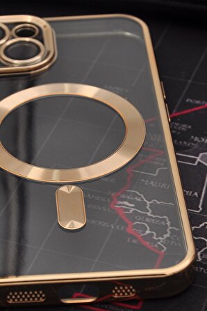 iPhone 13 Uyumlu MagSafe Özellikli Altın Sarı Gold Renkli Kenarlı Lazerli Şeffaf Kılıf Lens Korumalı