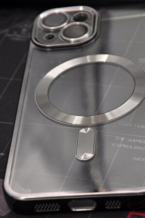 iPhone 13 Uyumlu MagSafe Özellikli Siyah Renkli Kenarlı Lazerli Şeffaf Kılıf Lens Korumalı
