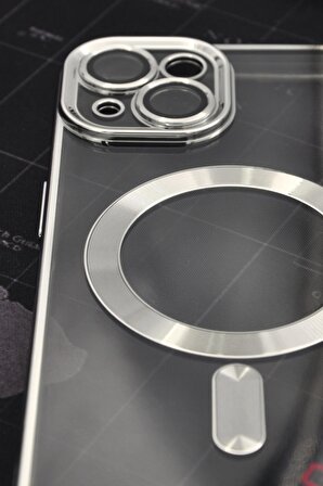 iPhone 14 Uyumlu MagSafe Özellikli Gümüş Gri Silver Renkli Kenarlı Lazerli Şeffaf Kılıf Lens Korumalı