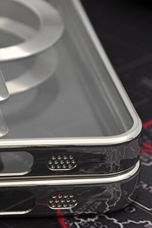 iPhone 14 Uyumlu MagSafe Özellikli Gümüş Gri Silver Renkli Kenarlı Lazerli Şeffaf Kılıf Lens Korumalı