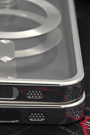 iPhone 14 Pro Uyumlu MagSafe Özellikli Gümüş Gri Silver Renkli Kenarlı Lazerli Şeffaf Kılıf Lens Korumalı