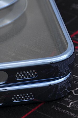 iPhone 14 Pro Max Uyumlu MagSafe Özellikli Saks Mavi Renkli Kenarlı Lazerli Şeffaf Kılıf Lens Korumalı