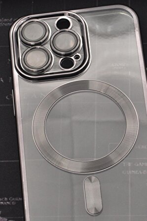 iPhone 14 Pro Uyumlu MagSafe Özellikli Siyah Renkli Kenarlı Lazerli Şeffaf Kılıf Lens Korumalı
