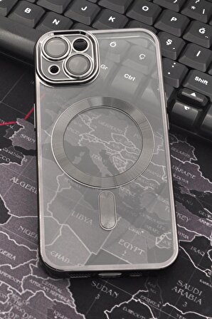 iPhone 14 Uyumlu MagSafe Özellikli Siyah Renkli Kenarlı Lazerli Şeffaf Kılıf Lens Korumalı