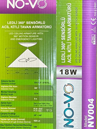 Novo 18W Ledli (Beyaz Işık) Sensörlü Acil Kitli (Acil Aydınlatmalı) Tavan Armatürü NV004