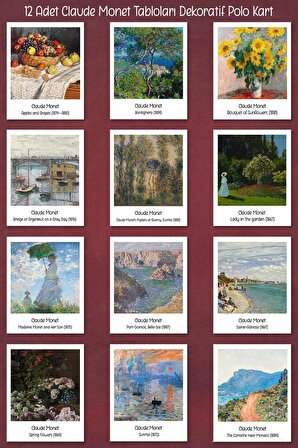 Claude Monet Tabloları 12 Adet Dekoratif Polo Kart - Sanatsal Poster Kartları