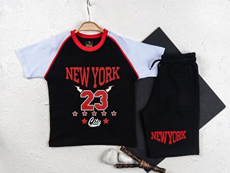 Erkek Çocuk Siyah New York Bulls Jordan Temalı Yazlık T-shirt ve Şort Takımı