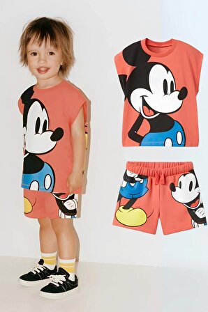 Unisex Çocuk Mickey Mouse Baskılı Pamuklu Bisiklet Yaka T-shirt ve Şort Alt Üst Takım