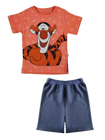 Unisex Çocuk Somon Renk Pamuklu Tiger Baskılı Yazlık T-shirt ve Şort Takım