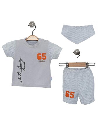 Erkek Bebek Bej Renk Nakışlı Pamuk Mevsimlik Yazlık College T-shirt Önlük ve Şort Takım