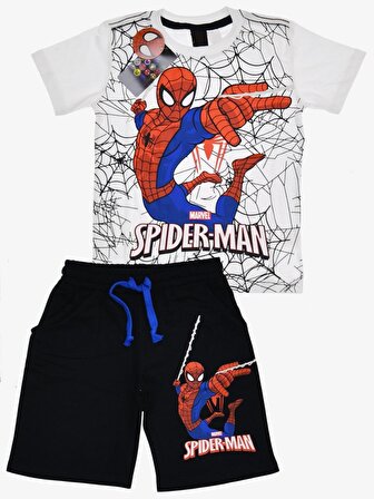 Erkek Çocuk Beyaz Renk Spiderman Örümcek Adam T-shirt ve Siyah Renk Şort Alt Üst 2 Parça Takım