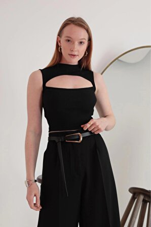 Kadın Kaşkorse Kumaş Siyah ve Saks Renk 2 Parça Bluz Seti