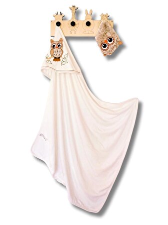 Unisex Bebek Beyaz Renk Pamuklu Baykuş Nakışlı Banyo Havlu ve Kese Takımı 85x91