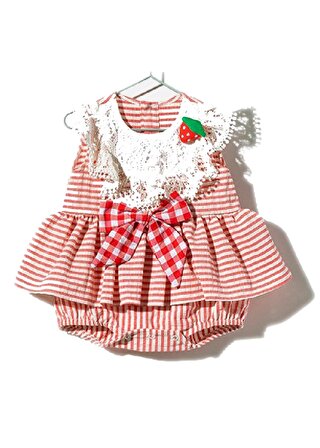 Kız Bebek Özel Gün Çilek Modelli İşleme Yakalı Fiyonk Detaylı Elbise Görünümlü Çıtçıtlı Tulum