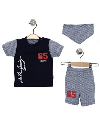 Erkek Bebek Gri Renk Nakışlı Pamuk Mevsimlik Yazlık College T-shirt Önlük ve Şort Takım