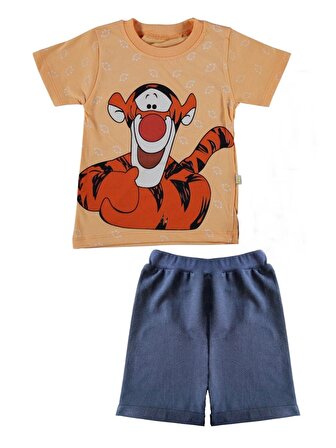 Unisex Çocuk Yavruağzı Renk Pamuklu Tiger Baskılı Yazlık T-shirt ve Şort Takım