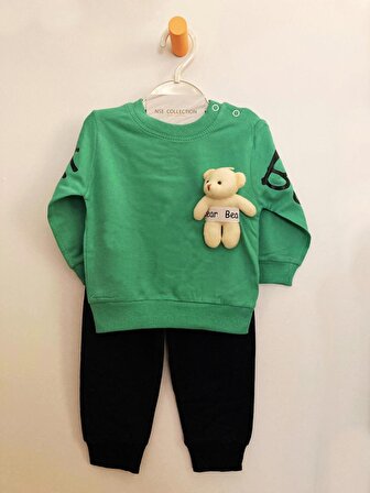 Unisex Bebek Yeşil Renk Oyuncak Ayılı Mevsimlik Sweatshirt ve Eşofman Alt Üst Takım