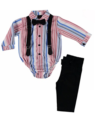 Erkek Bebek Kırmızı Renk Papyonlu Gömlek Zıbın ve Siyah Renk Pantolon Bayramlık Pantolon Askılı 2 Parça Alt Üst Takım
