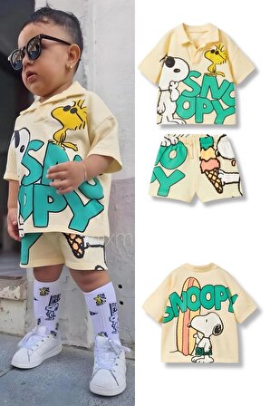 Unisex Bebek & Çocuk Snoopy Baskılı Pamuklu Polo Yaka T-shirt ve Şort Alt Üst Takım