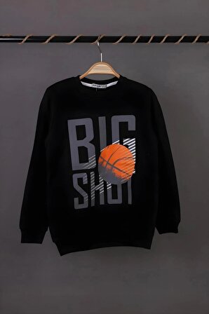Erkek Çocuk Bisiklet Yaka Siyah Renk Big Shot Basketbol Baskılı 3 İplik Şardonsuz Basic Sweatshirt