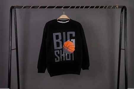 Erkek Çocuk Bisiklet Yaka Siyah Renk Big Shot Basketbol Baskılı 3 İplik Şardonsuz Basic Sweatshirt