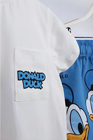 Unisex Bebek & Çocuk Donald Duck Baskılı Pamuklu Bisiklet Yaka Beyaz T-shirt ve Şort Alt Üst Takım