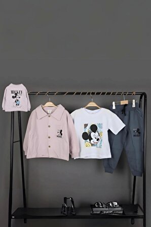 Erkek Çocuk Mickey Mouse Baskılı 3  Gömlek Ceket T-shirt ve Eşofman 3 Parça Mevsimlik Takım