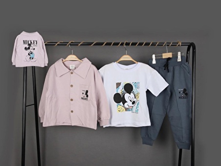 Erkek Çocuk Mickey Mouse Baskılı 3  Gömlek Ceket T-shirt ve Eşofman 3 Parça Mevsimlik Takım