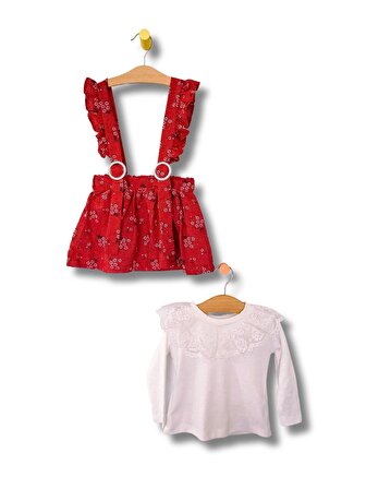 Kız Bebek Nar Çiçeği Renk Gypsy Model İşleme Yakalı Pamuklu Body ve Keten Salopet Etek 2 Parça Takım