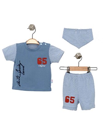 Erkek Bebek Mavi Renk Nakışlı Pamuk Mevsimlik Yazlık College T-shirt Önlük ve Şort Takım