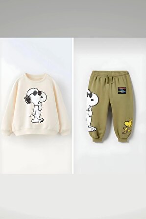 Unisex Çocuk Snoopy Baskılı Haki Pamuklu Kışlık Sweat ve Eşofman Alt Üst Takım
