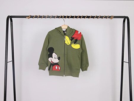 Unisex Çocuk Mickey Mouse Baskılı Haki Renk Mevsimlik Kapüşonlu Hırka