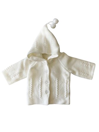 Unisex Bebek Krem Renk Örgü Kapüşonlu Mevsimlik Kışlık Hırka