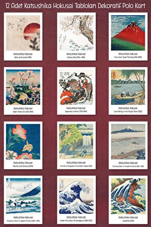 Katsushika Hokusai Tabloları 12 Adet Dekoratif Polo Kart - Sanatsal Poster Kartları