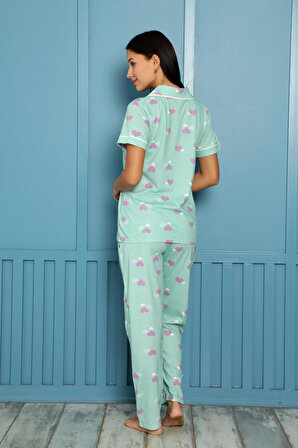 Yazlık Pamuklu Biyeli Önden Düğmeli Kısa Kol Retro Pijama Takımı 