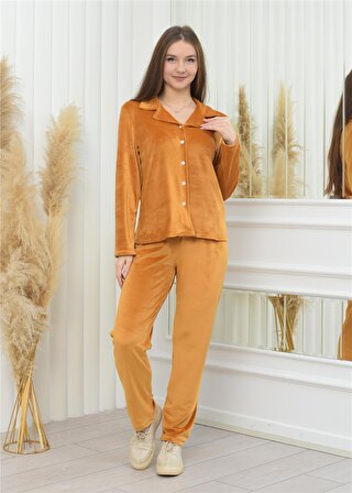 Yeni Sezon Soft Kadife Düğmeli Pijama Takımı Kamel Rengi