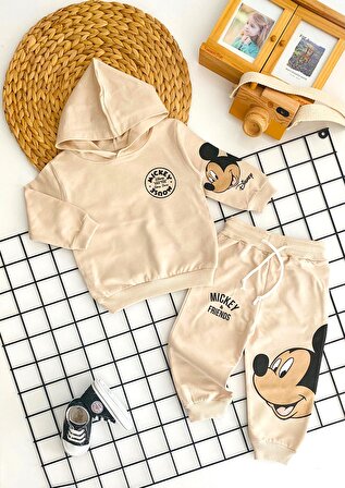 Neşeli Bebekler Mickey & Friends Desen Penye Takım Krem