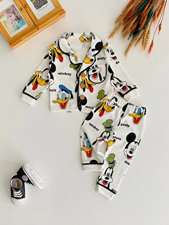 Neşeli Bebekler Mickey Ve Arkadaşları Baskılı Önden Düğmeli Cepli Pijama Takımı