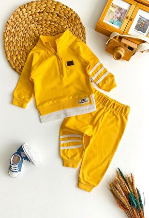 Neşeli Bebekler Yarım Fermuarlı Çizgili Penye Takım Sarı