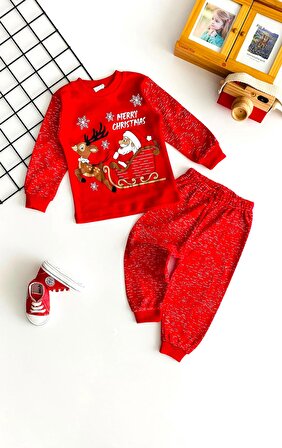 Neşeli Bebekler Yılbaşı Temalı Noel Baba Geyikli Desen Penye Pijama Takımı