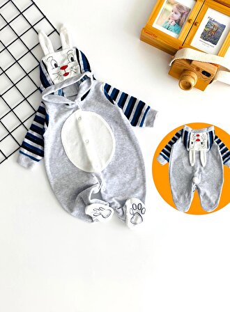 Neşeli Bebekler Tavşan Kostümlü Kadife Kumaş Tulum Mavi