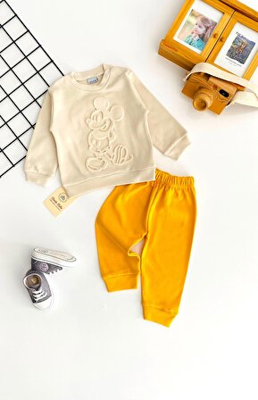 Neşeli Bebekler Mickey Kabartma Desen İki İplik Penye Kumaş Takım Sarı